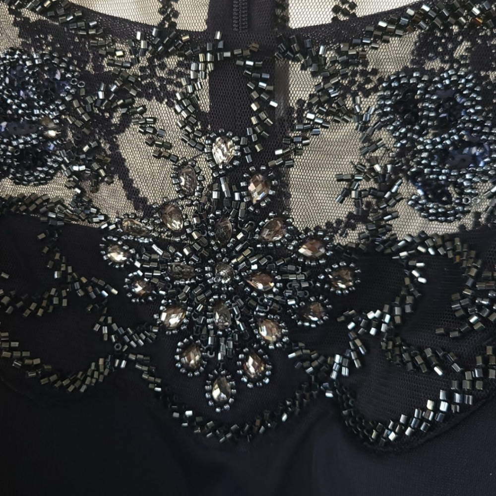 Xscape Navy Beaded Illusion Cap Sleeve Ruched Mother of Bride Formal Gown 6 - Picture 5 of 15